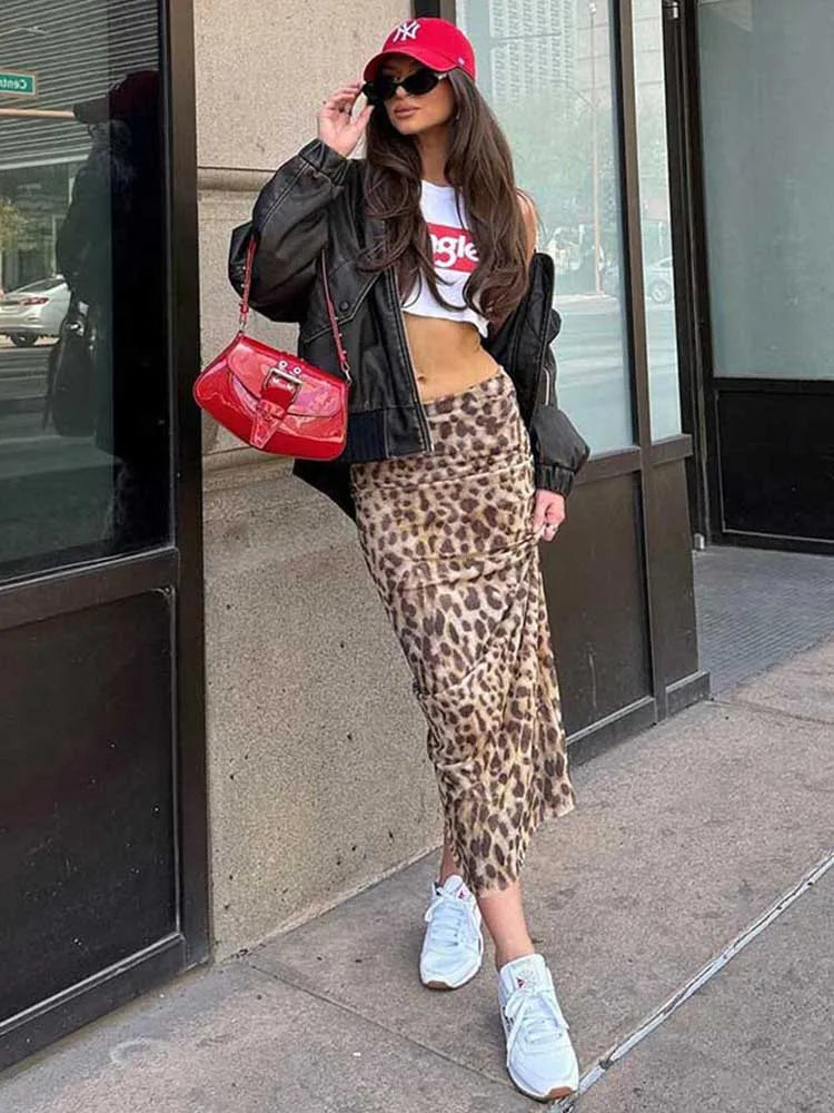 Sexy Elegant Leopard Printed Midi Skirt Women Fashion Dress Lady Clothes Summer Office Party Club Streetwear Wholesale