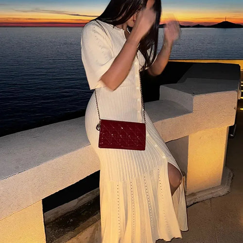 Load image into Gallery viewer, Elegant Solid Pleated Hem Women Knit Midi Dress Chic O-neck Short Sleeve Single-breasted Hip Wrap Dresses Lady High Street Robes
