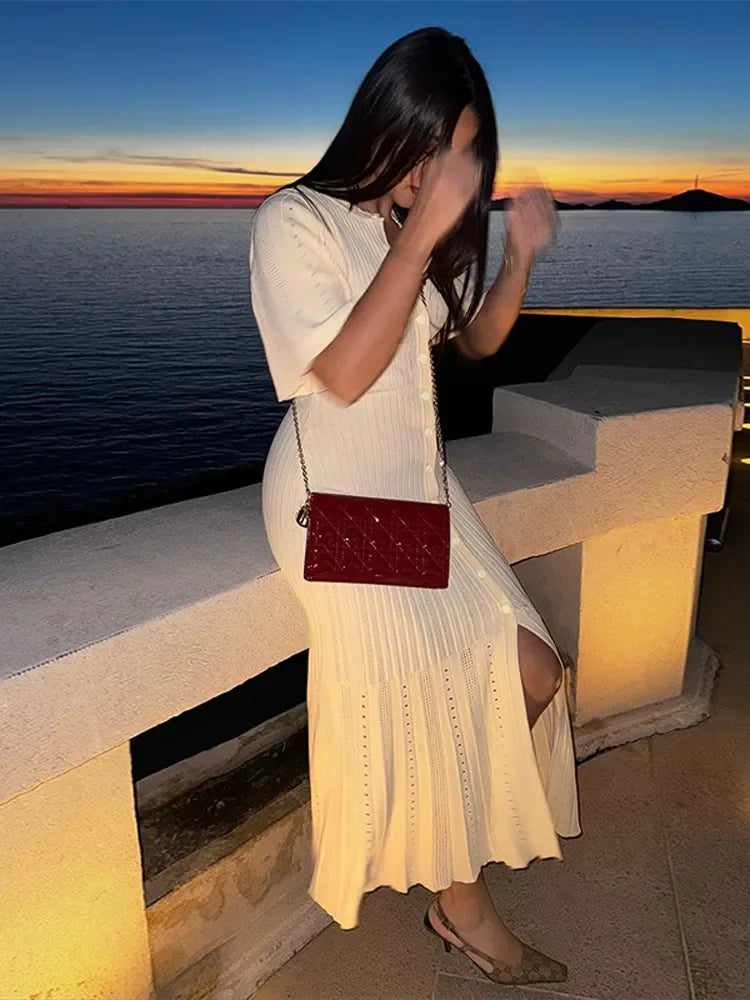 Elegant Solid Pleated Hem Women Knit Midi Dress Chic O-neck Short Sleeve Single-breasted Hip Wrap Dresses Lady High Street Robes