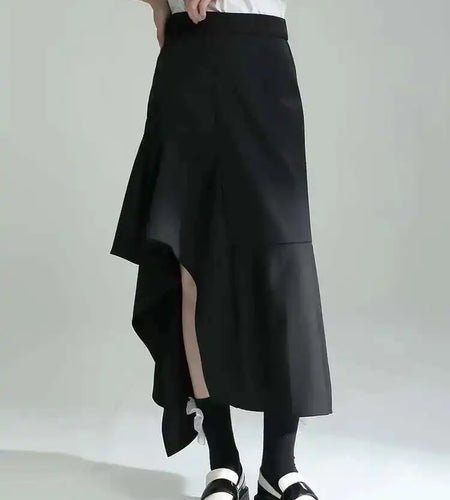 High Waist Irregular Black Ruffles Slit Elegant Party Half-body Skirt Women Fashion Tide New Spring Autumn 2025 1DE7718