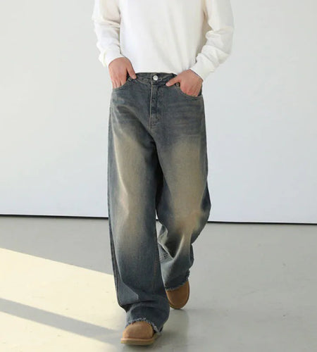 Washed Jeans Men's Loose Korean Style Fashion Straight Leg Pants Casual Male Trousers Zipper Summer 9C4993