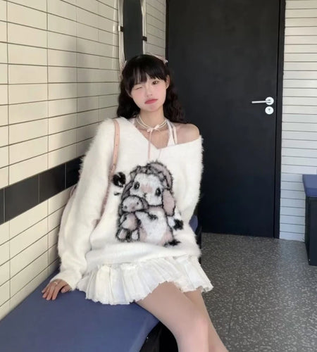 2025 Preppy Style Grunge Sweater Harajuku  Oversize Fur Autumn Grunge Pullover Cartoon Jacquard Kawaii Cute Loose Women Jumpers