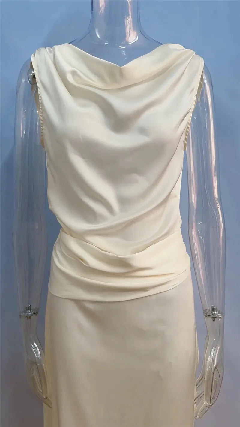 Satin Backless Sexy Maxi Dress For Women Elegant Rose Thigh High Split Beach Holiday Long Dress Gorgeous Club Gown