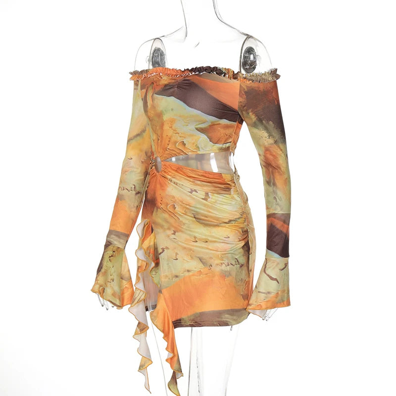 Hollow Out Print Sexy Mini Dress For Women Autumn New Off-shoulder Long Sleeve Bodycon Ruffled Slit Sexy Dress New