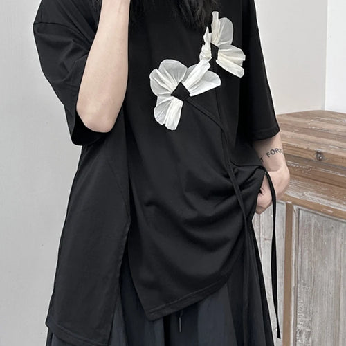 Load image into Gallery viewer, Women Black Flower Ruffles Big Size Irregular T-shirt New Round Neck Short Sleeve Fashion Tide Spring Summer 2025 1DF9643
