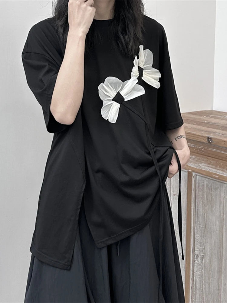 Women Black Flower Ruffles Big Size Irregular T-shirt New Round Neck Short Sleeve Fashion Tide Spring Summer 2025 1DF9643