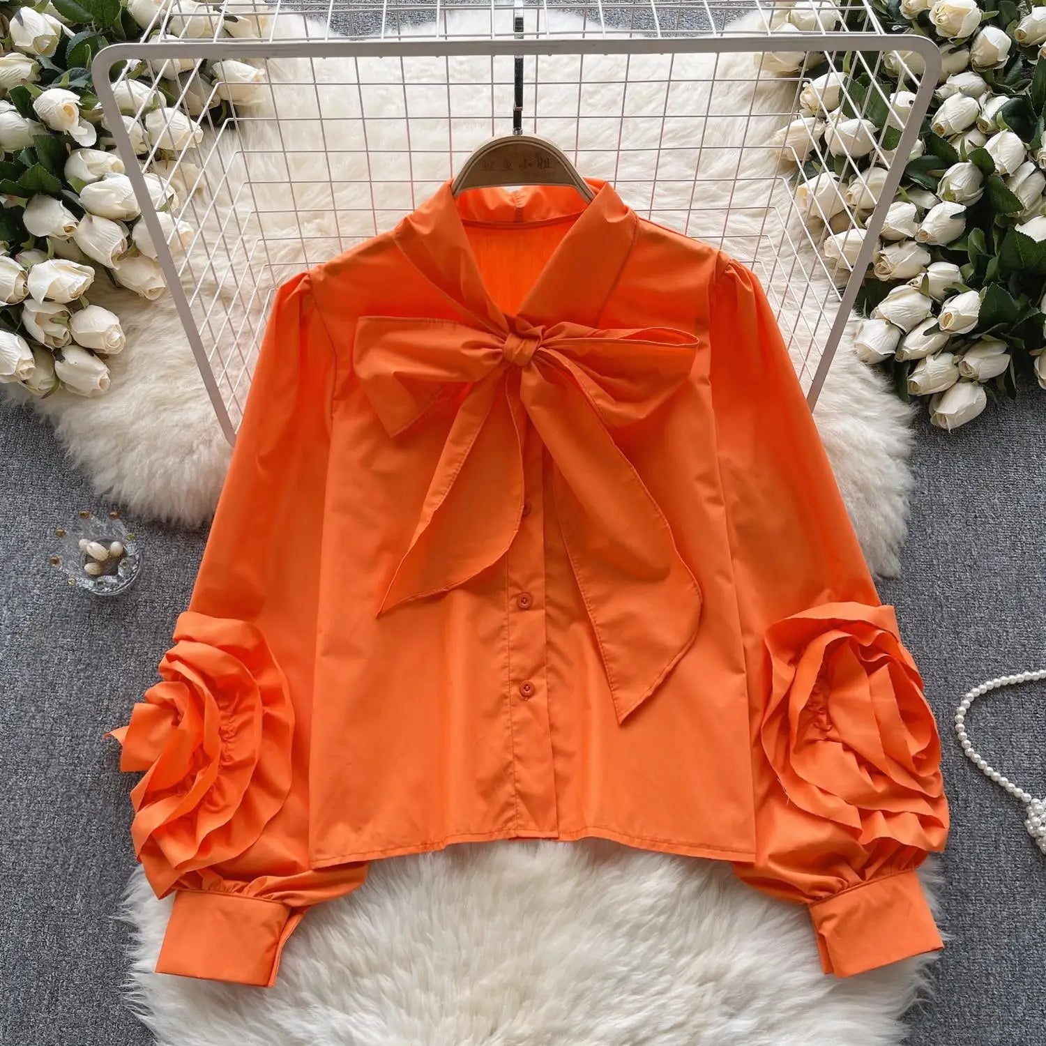 Vintage Solid Women Single Breasted Shirt Long Sleeve Bow Neck Office Lady Elegant Blouses Female Fashion Clothes 2023 Autumn