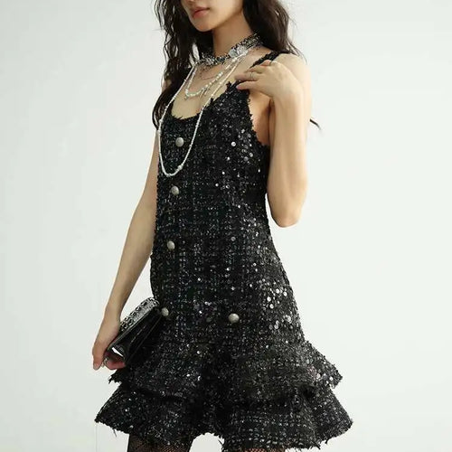 Load image into Gallery viewer, Women Black Sequins Tassels Ruffles Mini Elegant Dress New Round Neck Sleeveless Fashion Tide Spring Autumn 2025 1DH8269
