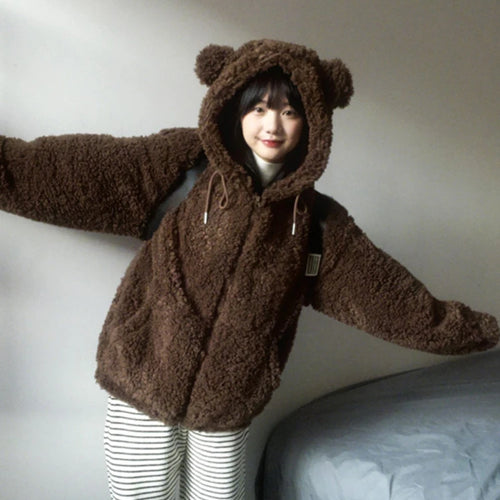 Load image into Gallery viewer, Y2k Aesthetic Zipper Hooded Harajuku Tops Casual Grunge Loose Drawstring Coats Women Streetwear Kawaii Cute Fluffy Warm Jackets
