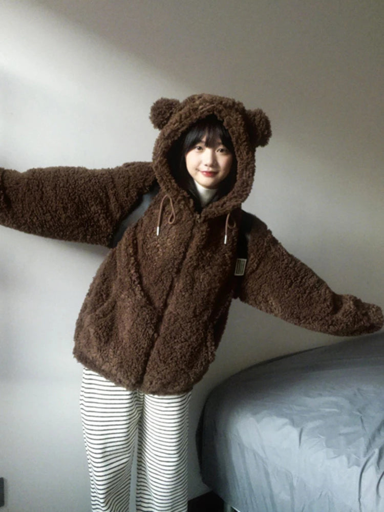 Y2k Aesthetic Zipper Hooded Harajuku Tops Casual Grunge Loose Drawstring Coats Women Streetwear Kawaii Cute Fluffy Warm Jackets