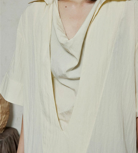 Women Beige Brief Pleated Elegant Big Size Blouse New Pile Collar Short Sleeve Shirt Fashion Spring Summer 2025 1DJ1182