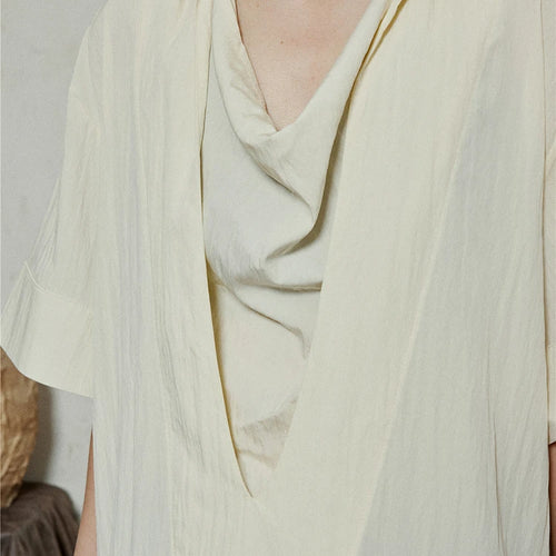 Load image into Gallery viewer, Women Beige Brief Pleated Elegant Big Size Blouse New Pile Collar Short Sleeve Shirt Fashion Spring Summer 2025 1DJ1182
