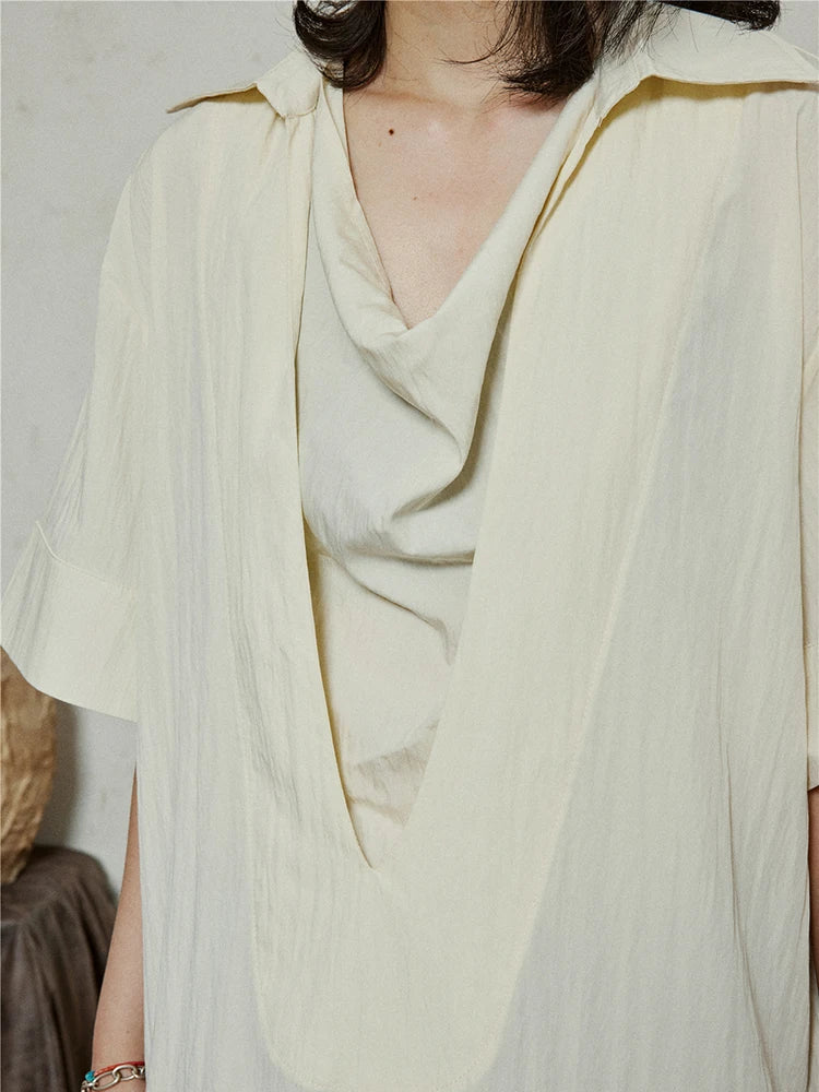 Women Beige Brief Pleated Elegant Big Size Blouse New Pile Collar Short Sleeve Shirt Fashion Spring Summer 2025 1DJ1182