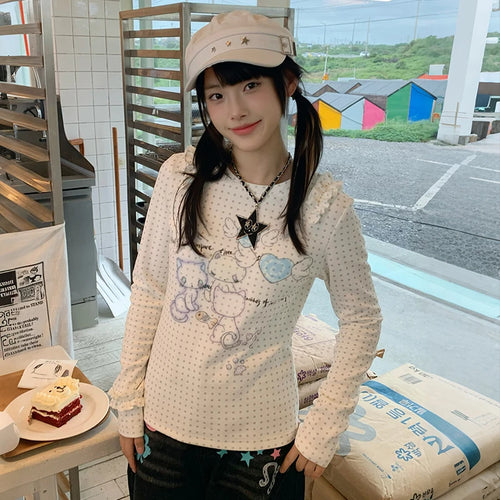 Load image into Gallery viewer, Japanese Y2k Anime Print Knitted Tops 2000s Aesthetics Long Sleeve T-shirt Cutecore Polka Dots Ribbed Tops Kawaii Cat
