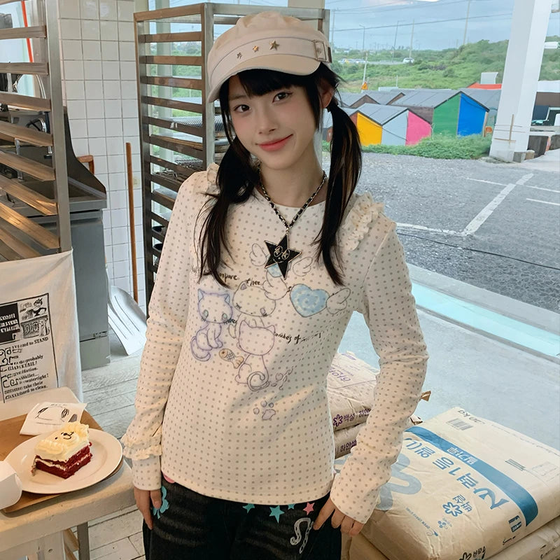 Japanese Y2k Anime Print Knitted Tops 2000s Aesthetics Long Sleeve T-shirt Cutecore Polka Dots Ribbed Tops Kawaii Cat