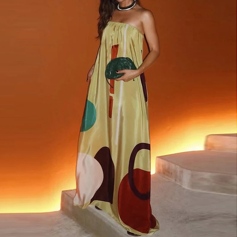Women Vacation Beach Strapless Printed Maxi Dress Sexy Long Wedding Guest Dress Tube Cocktail Evening Dresses Woman