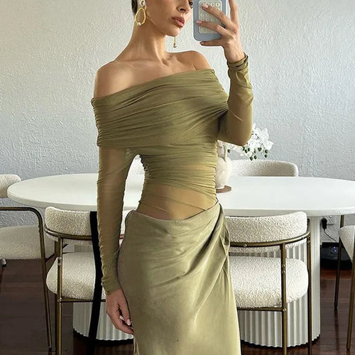 Load image into Gallery viewer, Elegant Mesh Patchwork One Shoulder Dress For Women 2025 New Women Sexy Mesh Perspective Long Dress Party Evening Dress
