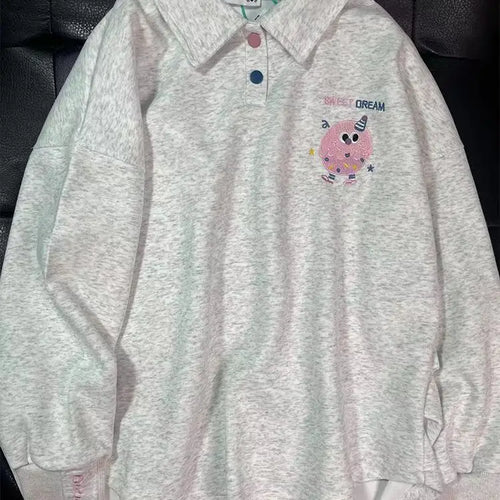 Load image into Gallery viewer, Korean Fashion 2024 Autumn Winter New Gray Letter Print Button Cotton Sweatshirt Women Long Sleeve Loose Pullover Tops Trend Y2k
