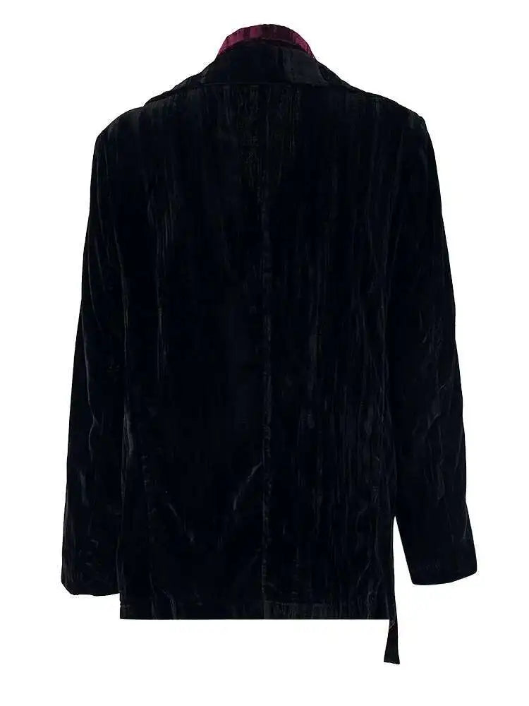 Women Black Color-block Velvet Big Size Elegant Blazer New Lapel Long Sleeve Jacket Fashion Spring Autumn 2025 CPG2126