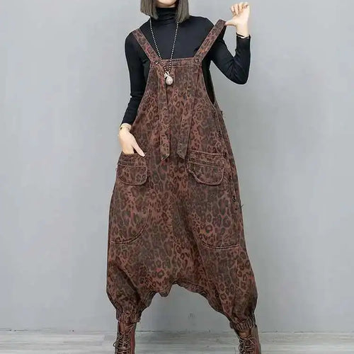Load image into Gallery viewer, High Waist Leopard Print Denim Pocket Big Size Overalls Wide Leg Jeans New Women Fashion Tide Spring Autumn 2025 1DH6428
