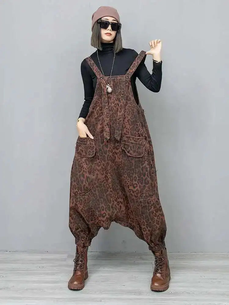 High Waist Leopard Print Denim Pocket Big Size Overalls Wide Leg Jeans New Women Fashion Tide Spring Autumn 2025 1DH6428
