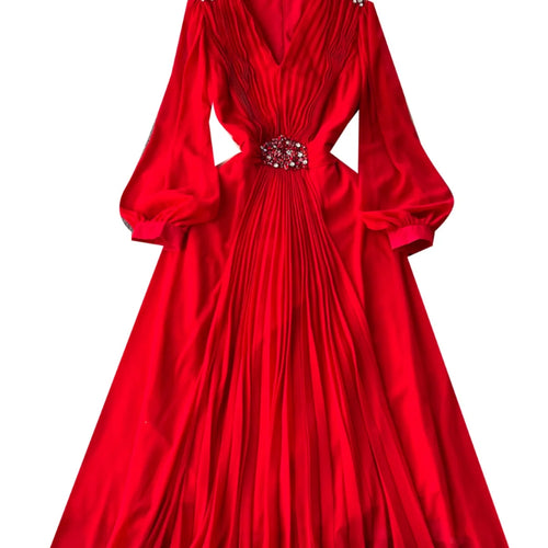 Load image into Gallery viewer, French Women Solid V Neck Diamond Elegant High Waist Pleated Dresses Autumn Winter Slim Long Sleeve Holiday Dress Ladies Popular
