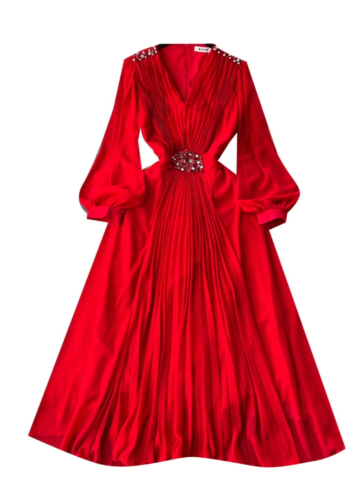 French Women Solid V Neck Diamond Elegant High Waist Pleated Dresses Autumn Winter Slim Long Sleeve Holiday Dress Ladies Popular