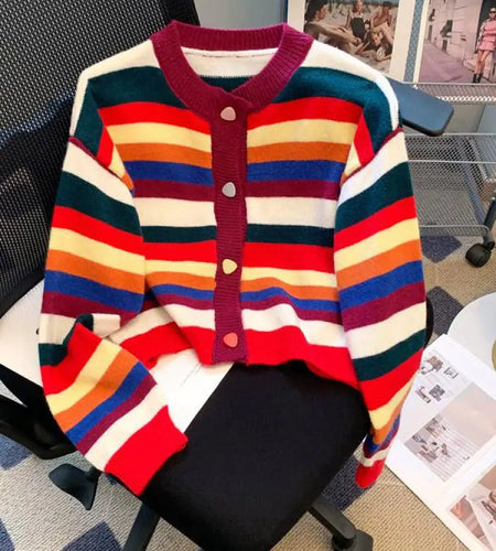 Korean 2024 Autumn Winter New Fashion Rainbow Stripe Knitted Cardigan Tops Women's Round Neck Single Breasted Short Sweater Chic