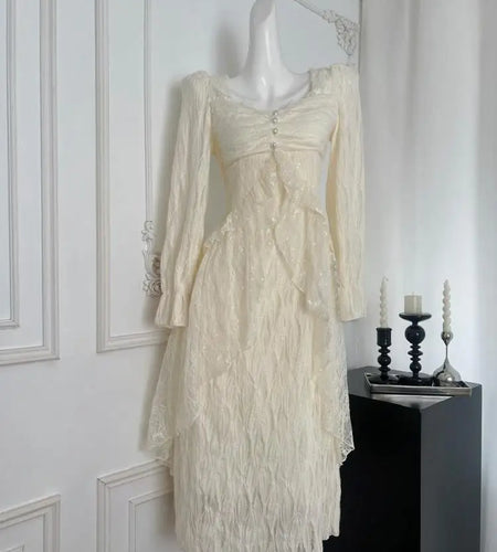 Vintage Women Beige Sequined Lace Pearl Elegant Ruffle Edge Dress Autumn Square Collar Long Sleeve Festival Party Evening Dress