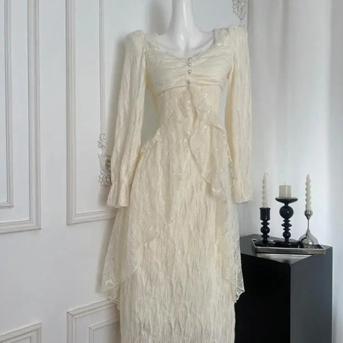 Load image into Gallery viewer, Vintage Women Beige Sequined Lace Pearl Elegant Ruffle Edge Dress Autumn Square Collar Long Sleeve Festival Party Evening Dress
