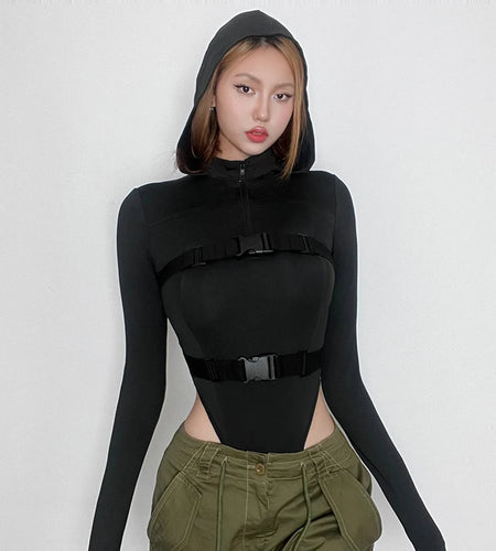 Streetwear Buckle Stitched Fitness Autumn Bodysuit Female Hooded Long Sleeve Zipper Basic Body Catsuit Outfits Romper