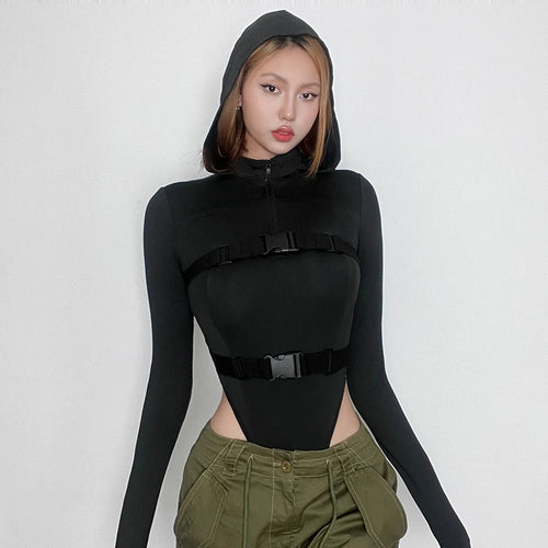 Load image into Gallery viewer, Streetwear Buckle Stitched Fitness Autumn Bodysuit Female Hooded Long Sleeve Zipper Basic Body Catsuit Outfits Romper
