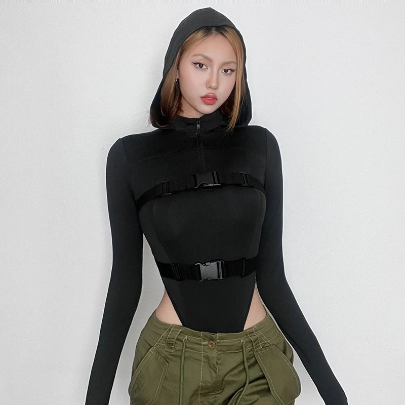 Streetwear Buckle Stitched Fitness Autumn Bodysuit Female Hooded Long Sleeve Zipper Basic Body Catsuit Outfits Romper