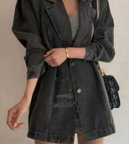 New Blue Vintage Wash Suit Jean Coat Women 2023 Autumn Winter Black Elegant Korean Fashion Denim Cotton Jacket Female Overcoat