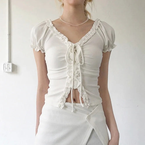 Load image into Gallery viewer, Women Y2k Aesthetic Ruffled Bandage T-shirt Summer Harajuku Fairy Vintage Slim Fit Tees Grunge Cropped Pleated Tops Streetwear
