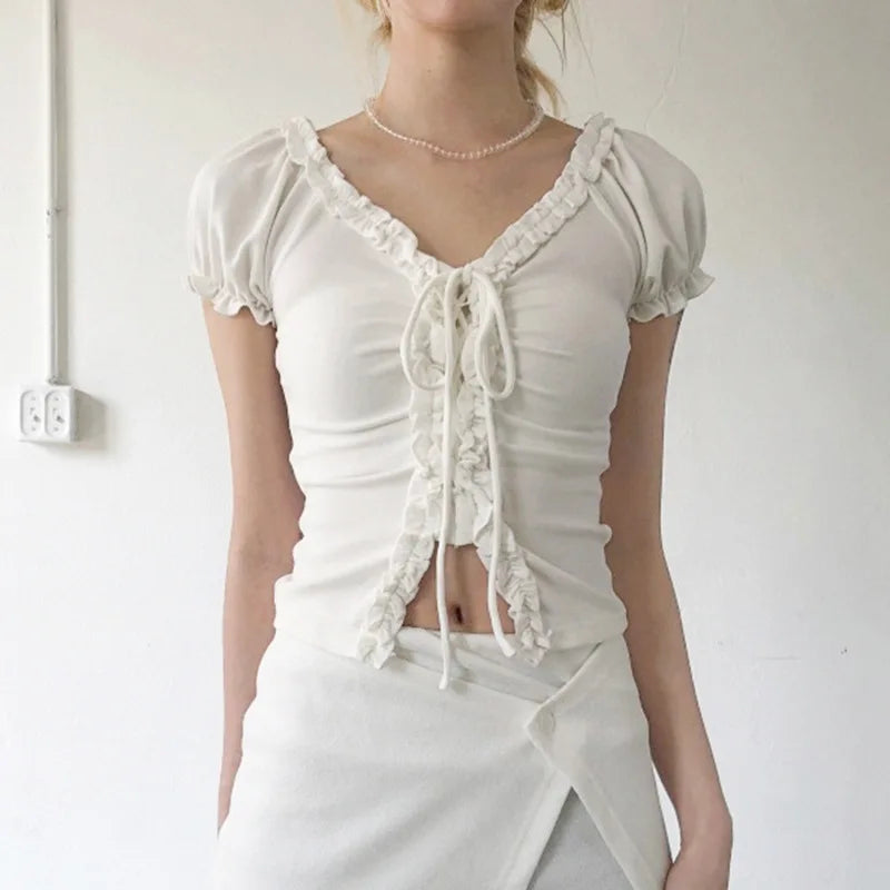 Women Y2k Aesthetic Ruffled Bandage T-shirt Summer Harajuku Fairy Vintage Slim Fit Tees Grunge Cropped Pleated Tops Streetwear