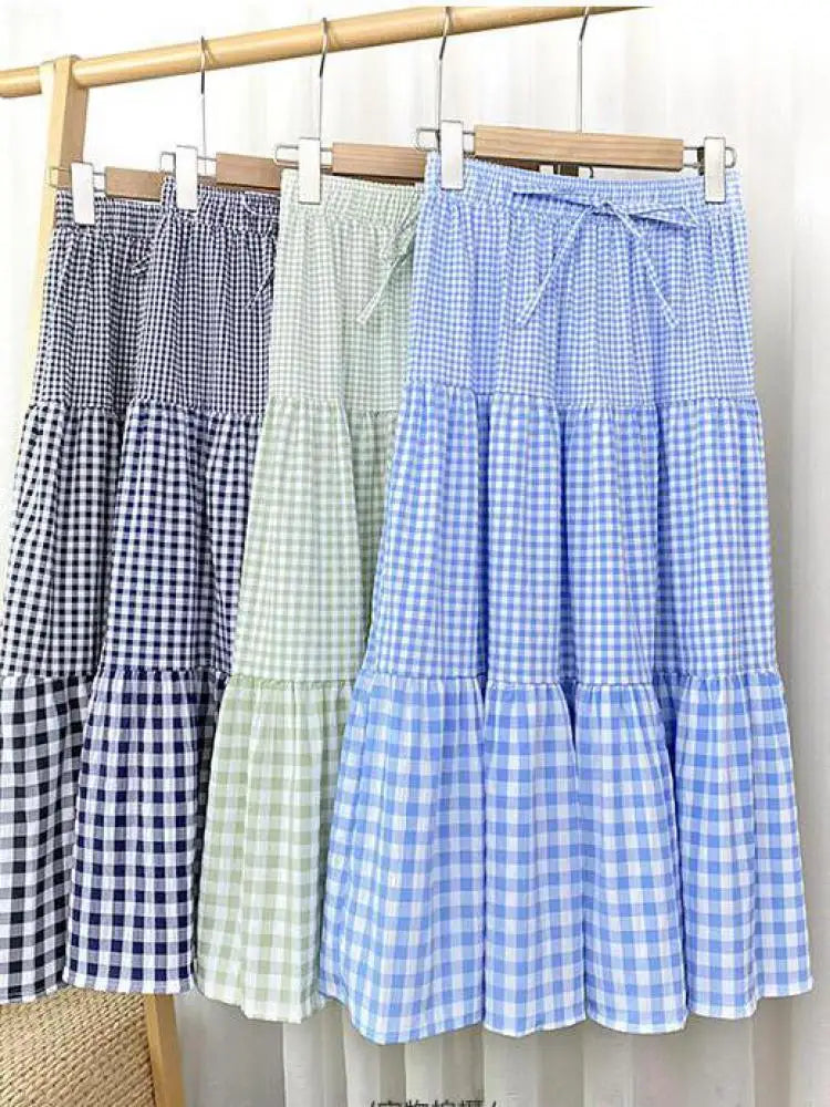 Skirt Womens Medium Long Elastic Waist A-line Vintage Plaid Skirts Female Summer Streetwear Casual Skirts Fashion 2022 New