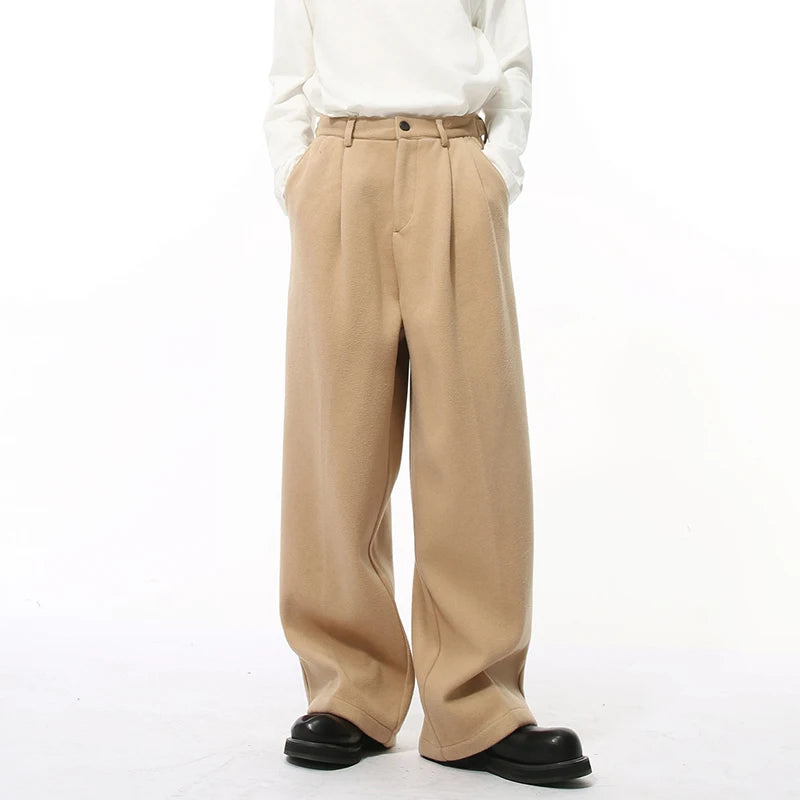 Korean Style Men's Casual Pants Woolen Solid Color Pleated Trousers Straight Wide Leg Loose Male Bottom New Winter 9C9212