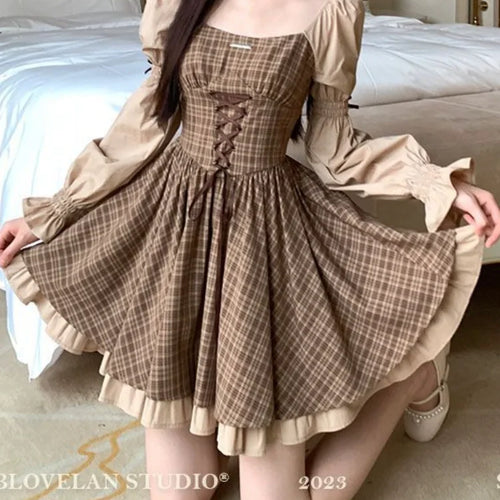 Load image into Gallery viewer, Vintage Plaid Striped Bandage Kawaii Dress Party Lolita Elegant Birthday Preppy Style School Student Dresses Y2K
