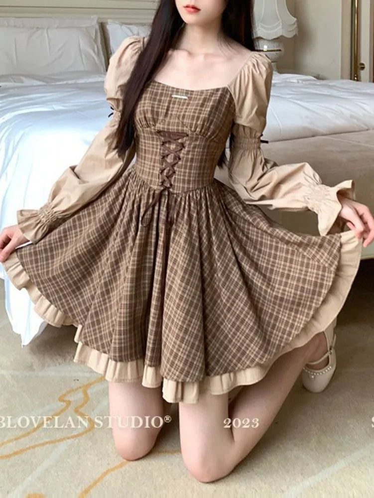 Vintage Plaid Striped Bandage Kawaii Dress Party Lolita Elegant Birthday Preppy Style School Student Dresses Y2K