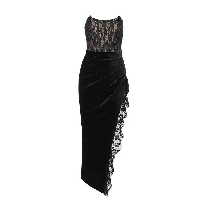 Elegant Lace Strapless Maxi Dress For Women Fashion Black Sleeveless Backless Bodycon Club Party Sexy Long Dress
