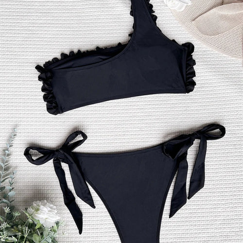 Load image into Gallery viewer, Push Up Bikini Set Female Ruffled Bandeau Swimsuit 2024 One Shoulder Bikini Women Swimwear Brazilian Bathing Suit
