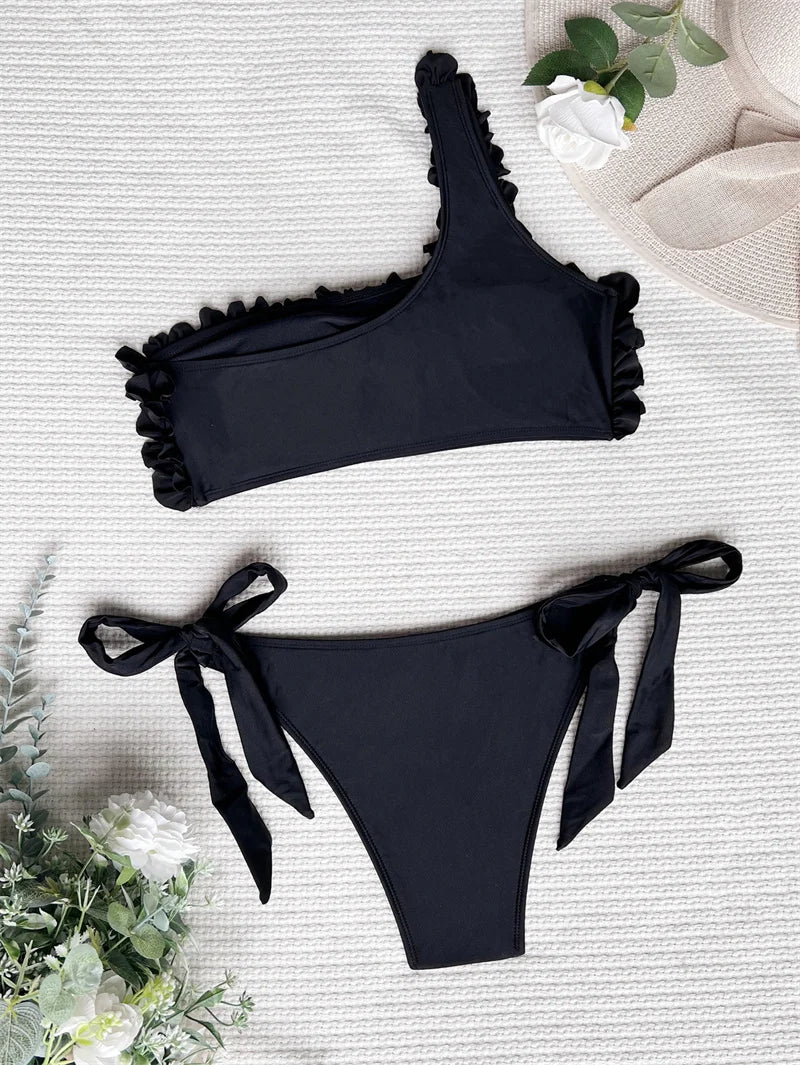 Push Up Bikini Set Female Ruffled Bandeau Swimsuit 2024 One Shoulder Bikini Women Swimwear Brazilian Bathing Suit