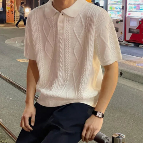 Load image into Gallery viewer, Korean Style Male T-shirts Loose Turn-down Short Sleeve Knitted Casual Men&#39;s Tees Solid Color Tide Summer 9C6228
