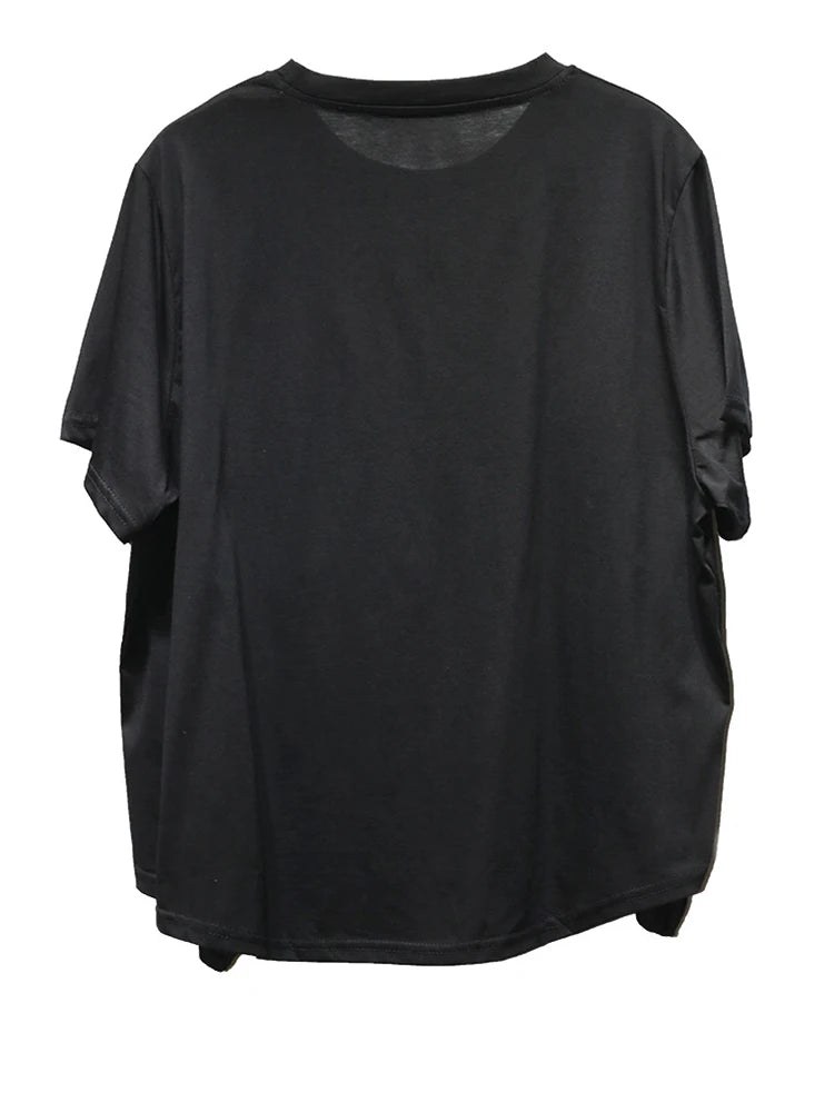 Women Black Ruffles Irregular Big Size Casual T-shirt New Round Neck Short Sleeve Fashion Tide Spring Summer 2025 1DJ0484