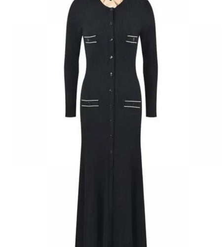 Korean Fashion Women's Black Patchwork Long Sleeve Ruffles Neck Knitted Dress 2024 Autumn Winter Retro New Single Breasted Dress