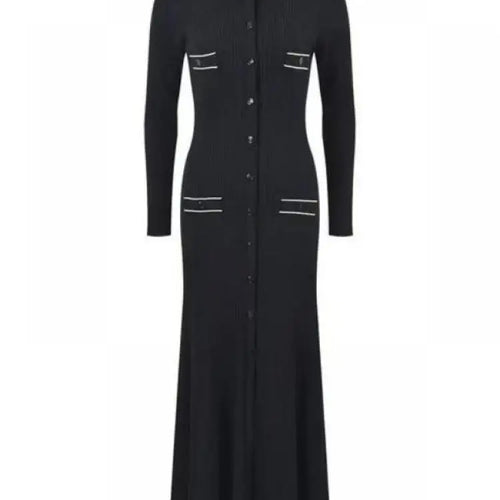 Load image into Gallery viewer, Korean Fashion Women's Black Patchwork Long Sleeve Ruffles Neck Knitted Dress 2024 Autumn Winter Retro New Single Breasted Dress
