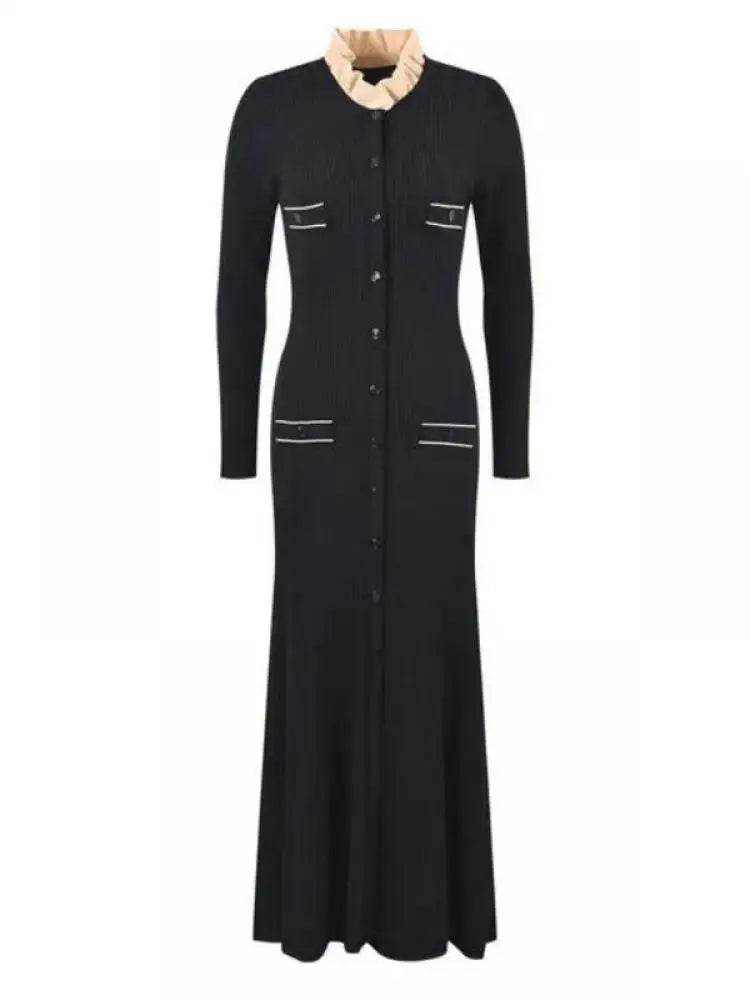 Korean Fashion Women's Black Patchwork Long Sleeve Ruffles Neck Knitted Dress 2024 Autumn Winter Retro New Single Breasted Dress