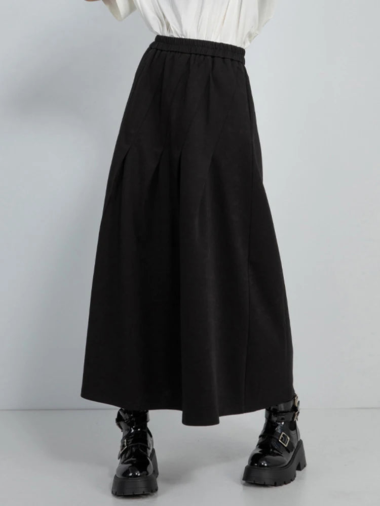 High Elastic Waist Black Brief Pleated Spliced A-line Half-body Skirt Women Fashion Tide New Spring Autumn 2025 1DJ0965