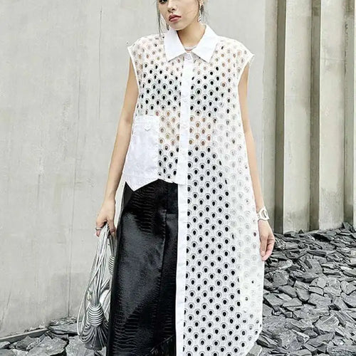 Load image into Gallery viewer, Women White Mesh Irreuglar Perspective Big Size Blouse New Lapel Sleeveless Shirt Fashion Tide Spring Summer 2025 1DH5527
